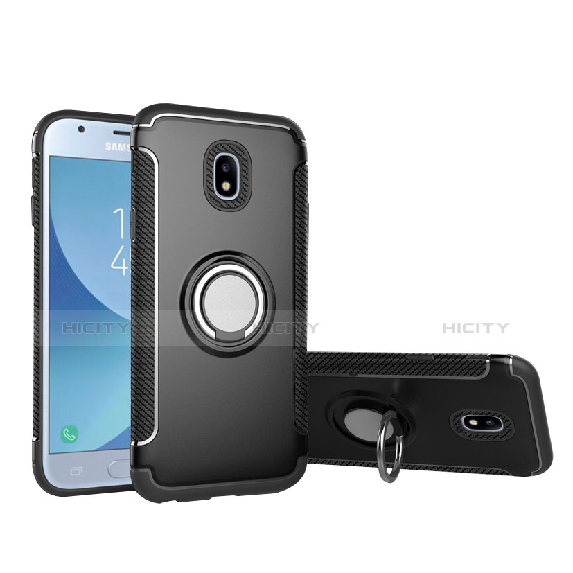 Custodia Silicone e Plastica Opaca con Anello Supporto per Samsung Galaxy J5 (2017) SM-J750F Nero