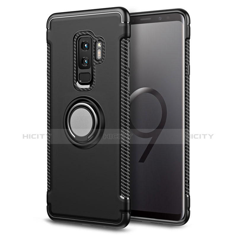 Custodia Silicone e Plastica Opaca con Anello Supporto per Samsung Galaxy S9 Plus Nero