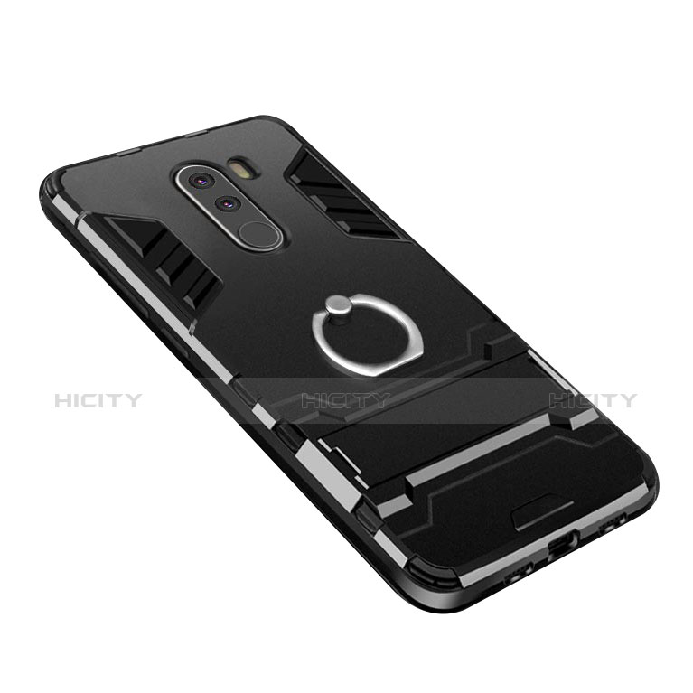 Custodia Silicone e Plastica Opaca con Anello Supporto per Xiaomi Pocophone F1 Nero