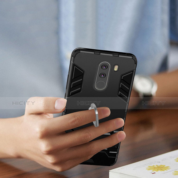 Custodia Silicone e Plastica Opaca con Anello Supporto per Xiaomi Pocophone F1 Nero