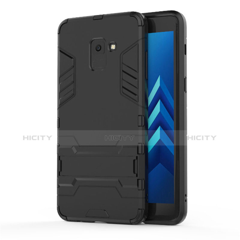 Custodia Silicone e Plastica Opaca con Supporto per Samsung Galaxy A8+ A8 Plus (2018) Duos A730F Nero