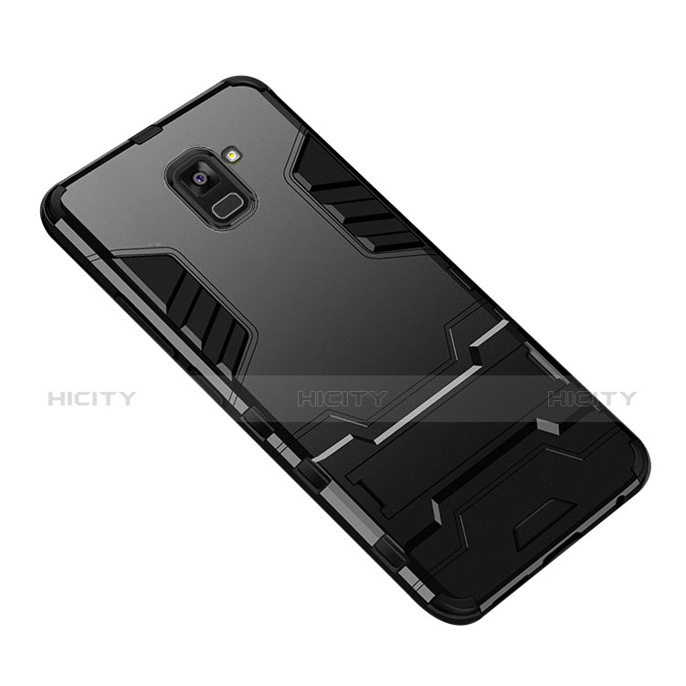 Custodia Silicone e Plastica Opaca con Supporto W01 per Samsung Galaxy A8+ A8 Plus (2018) Duos A730F Nero