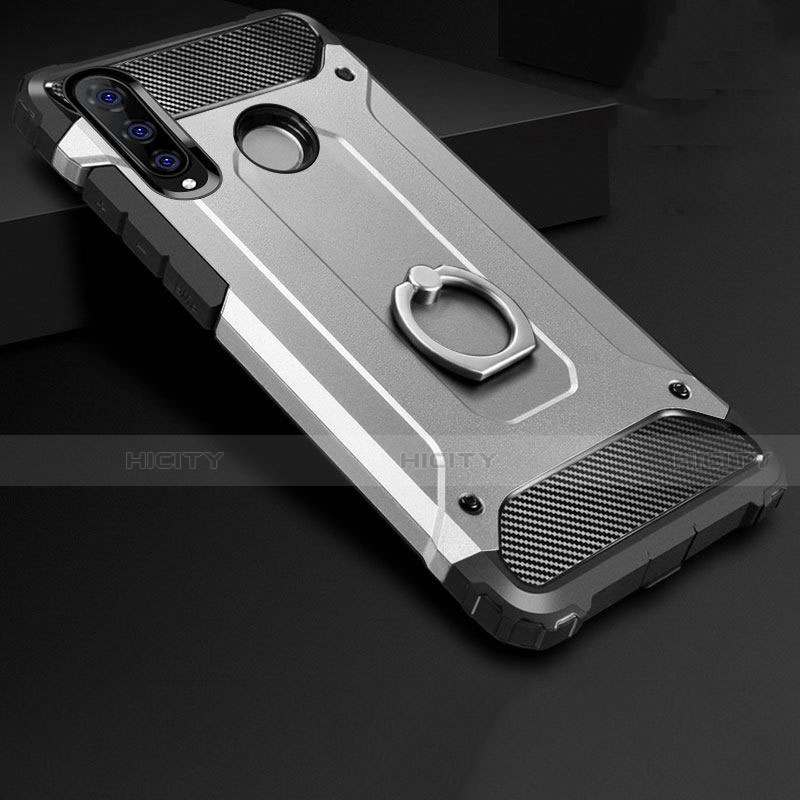 Custodia Silicone e Plastica Opaca Cover con Anello Supporto H01 per Huawei P30 Lite Argento