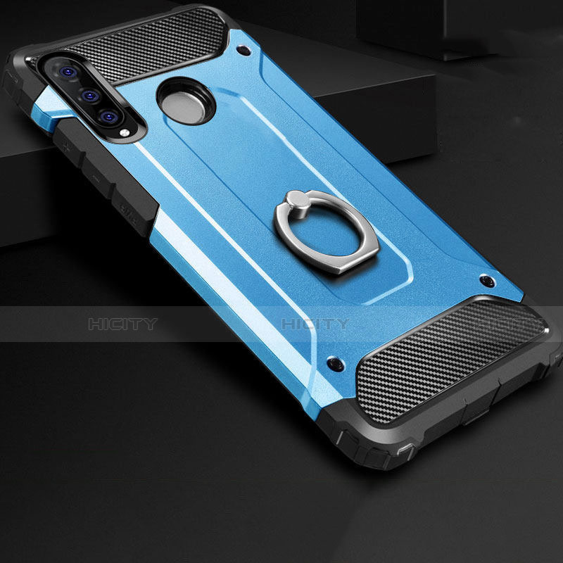 Custodia Silicone e Plastica Opaca Cover con Anello Supporto H01 per Huawei P30 Lite Blu