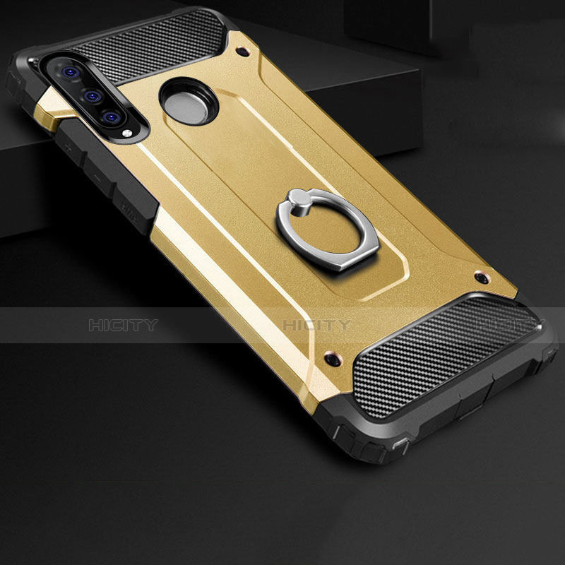 Custodia Silicone e Plastica Opaca Cover con Anello Supporto H01 per Huawei P30 Lite New Edition Oro