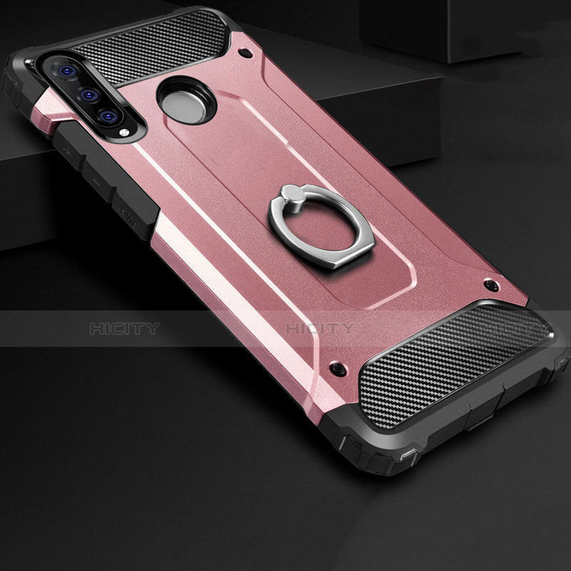 Custodia Silicone e Plastica Opaca Cover con Anello Supporto H01 per Huawei P30 Lite New Edition Oro Rosa