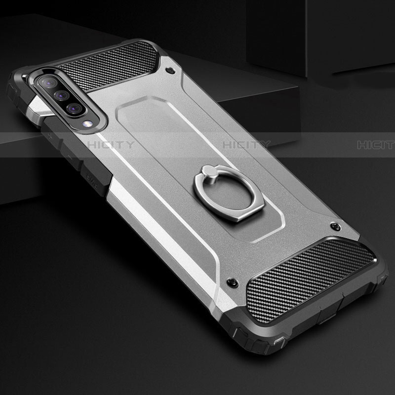 Custodia Silicone e Plastica Opaca Cover con Anello Supporto H01 per Samsung Galaxy A70 Argento