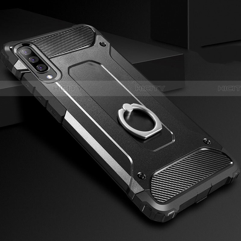 Custodia Silicone e Plastica Opaca Cover con Anello Supporto H01 per Samsung Galaxy A70 Nero