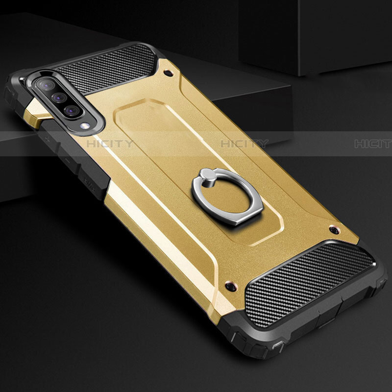 Custodia Silicone e Plastica Opaca Cover con Anello Supporto H01 per Samsung Galaxy A70 Oro