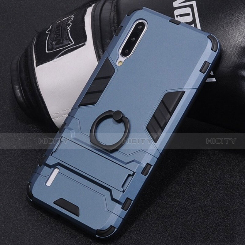 Custodia Silicone e Plastica Opaca Cover con Anello Supporto H01 per Xiaomi Mi A3 Blu