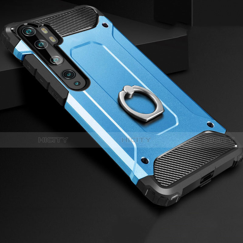 Custodia Silicone e Plastica Opaca Cover con Anello Supporto H01 per Xiaomi Mi Note 10 Pro Blu