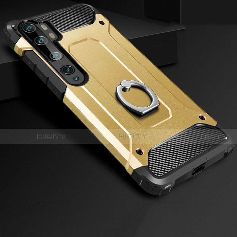 Custodia Silicone e Plastica Opaca Cover con Anello Supporto H01 per Xiaomi Mi Note 10 Pro Oro