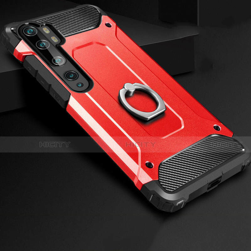 Custodia Silicone e Plastica Opaca Cover con Anello Supporto H01 per Xiaomi Mi Note 10 Pro Rosso