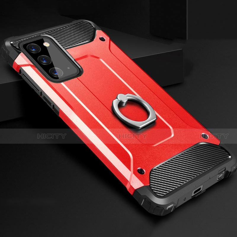 Custodia Silicone e Plastica Opaca Cover con Anello Supporto N01 per Samsung Galaxy Note 20 5G Rosso