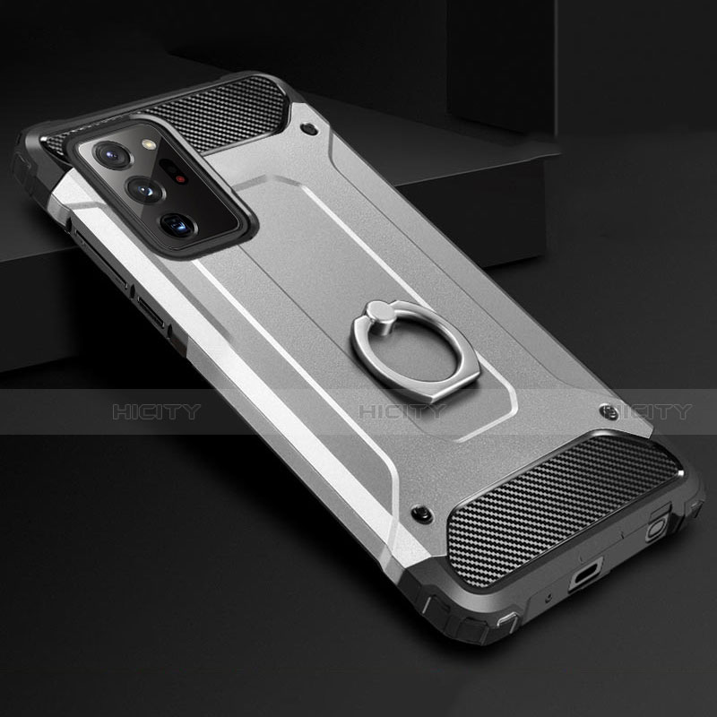 Custodia Silicone e Plastica Opaca Cover con Anello Supporto N01 per Samsung Galaxy Note 20 Ultra 5G Argento