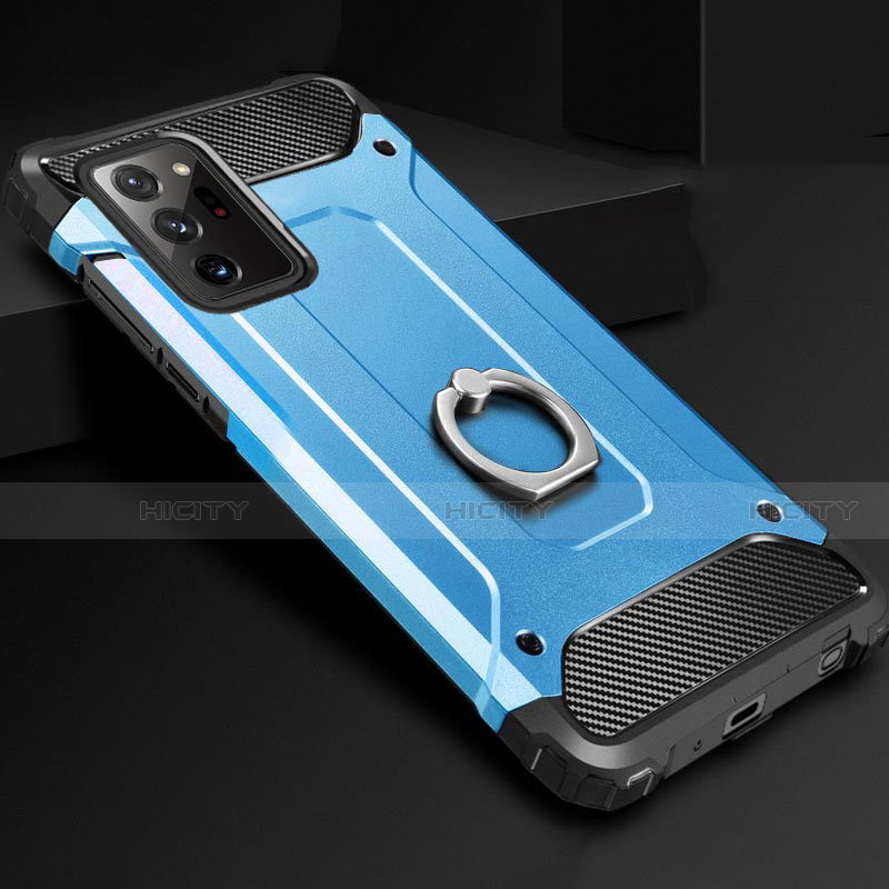 Custodia Silicone e Plastica Opaca Cover con Anello Supporto N01 per Samsung Galaxy Note 20 Ultra 5G Cielo Blu