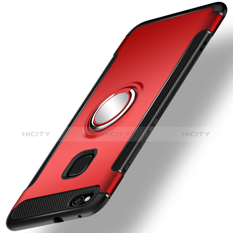 Custodia Silicone e Plastica Opaca Cover con Anello Supporto per Huawei GR3 (2017) Rosso