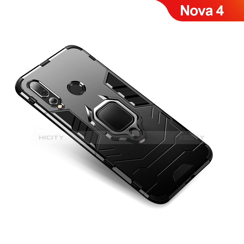 Custodia Silicone e Plastica Opaca Cover con Anello Supporto per Huawei Nova 4 Nero