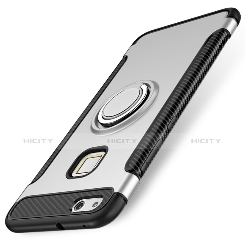 Custodia Silicone e Plastica Opaca Cover con Anello Supporto per Huawei P10 Lite Argento