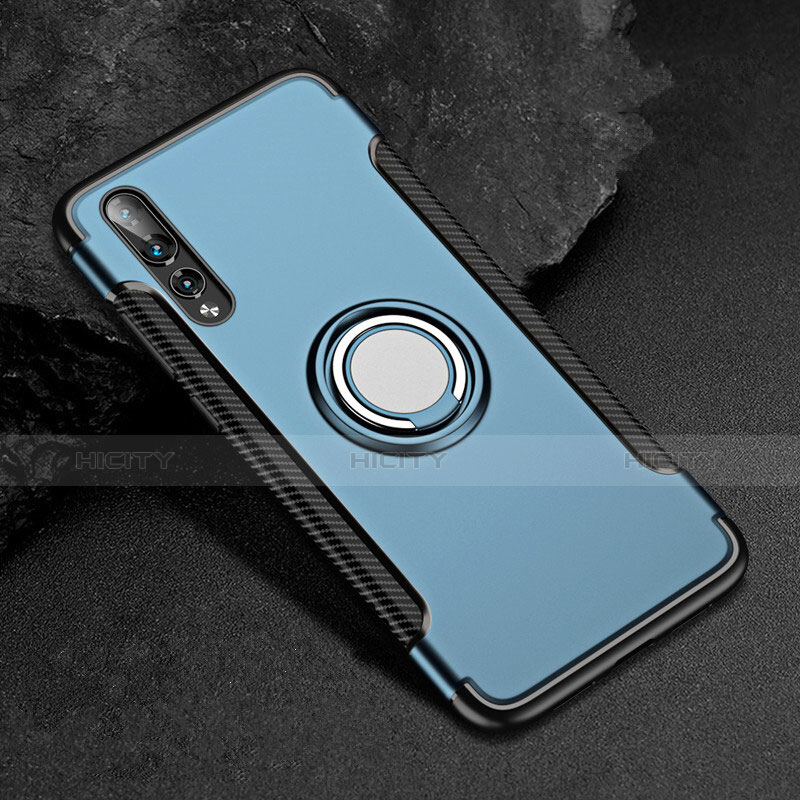 Custodia Silicone e Plastica Opaca Cover con Anello Supporto per Huawei P20 Pro Blu