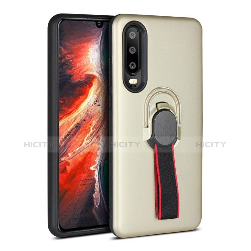 Custodia Silicone e Plastica Opaca Cover con Anello Supporto per Huawei P30 Oro