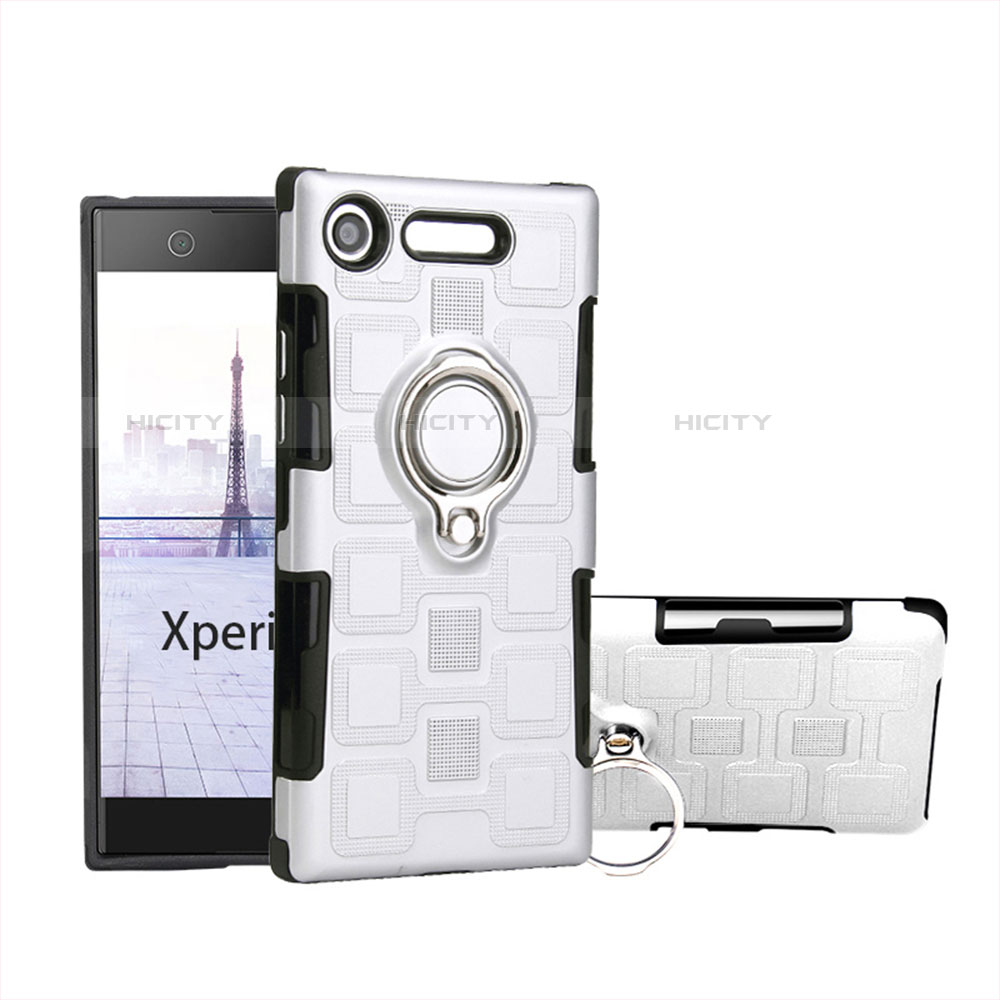 Custodia Silicone e Plastica Opaca Cover con Anello Supporto per Sony Xperia XZ1 Compact Bianco