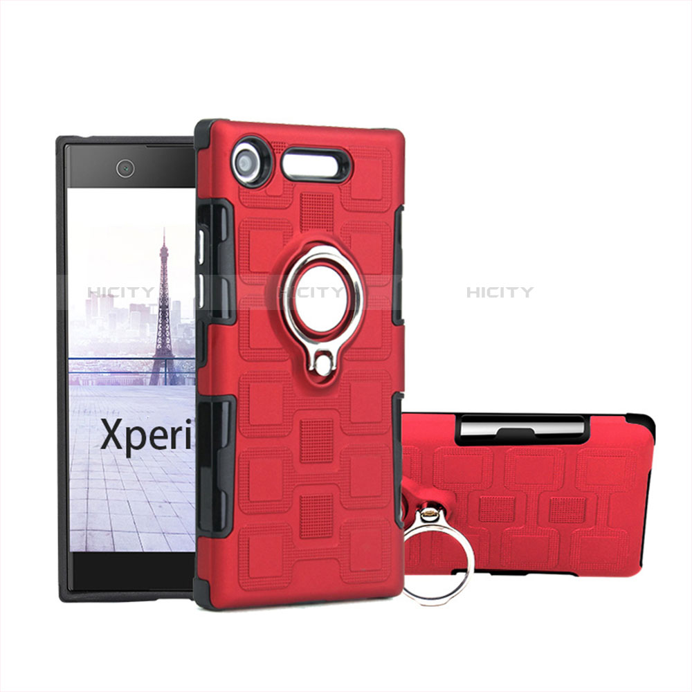 Custodia Silicone e Plastica Opaca Cover con Anello Supporto per Sony Xperia XZ1 Compact Rosso