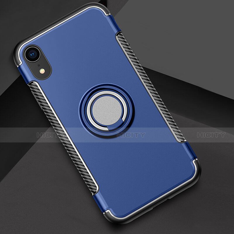 Custodia Silicone e Plastica Opaca Cover con Anello Supporto S01 per Apple iPhone XR Blu