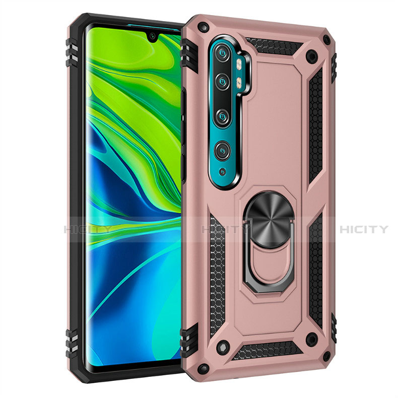 Custodia Silicone e Plastica Opaca Cover con Magnetico Anello Supporto D01 per Xiaomi Mi Note 10 Pro Oro Rosa