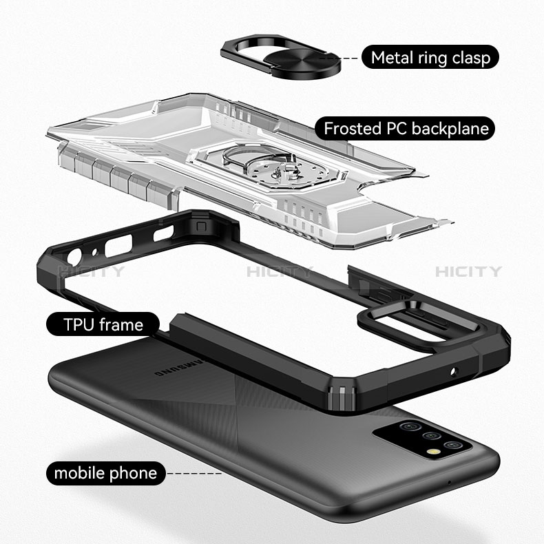 Custodia Silicone e Plastica Opaca Cover con Magnetico Anello Supporto J01S per Samsung Galaxy A02s