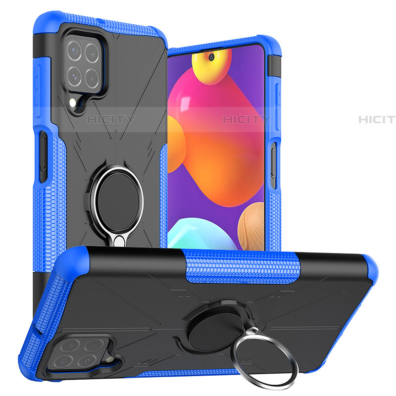 Custodia Silicone e Plastica Opaca Cover con Magnetico Anello Supporto J01X per Samsung Galaxy F62 5G Blu