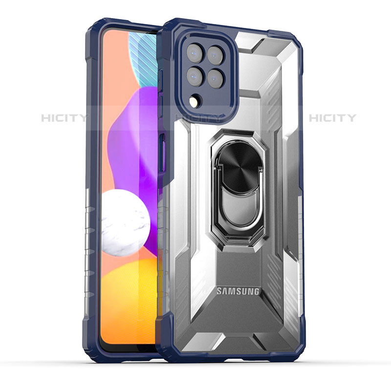 Custodia Silicone e Plastica Opaca Cover con Magnetico Anello Supporto J02S per Samsung Galaxy M22 4G Blu