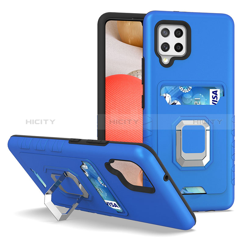 Custodia Silicone e Plastica Opaca Cover con Magnetico Anello Supporto J03S per Samsung Galaxy A42 5G Blu