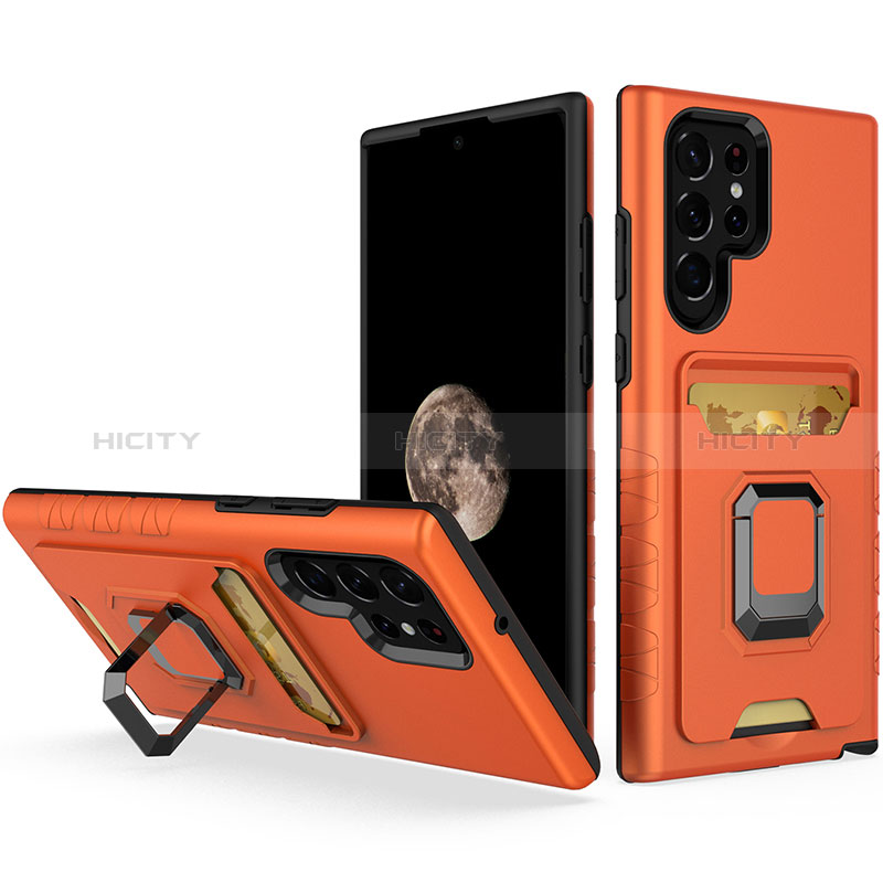 Custodia Silicone e Plastica Opaca Cover con Magnetico Anello Supporto J03S per Samsung Galaxy S22 Ultra 5G Arancione