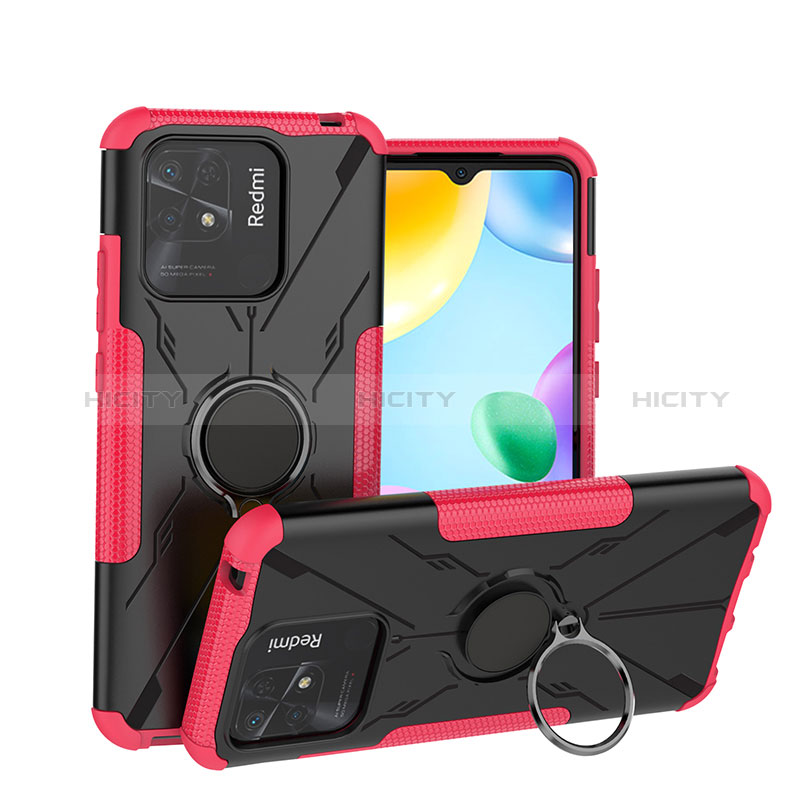 Custodia Silicone e Plastica Opaca Cover con Magnetico Anello Supporto JX1 per Xiaomi Redmi 10 India Rosa Caldo