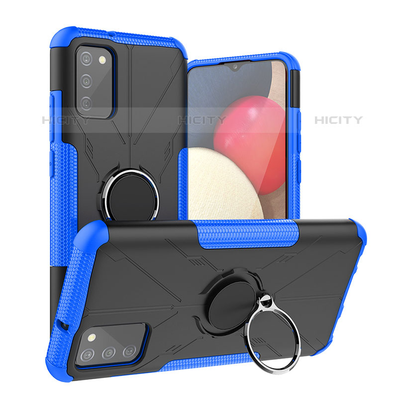 Custodia Silicone e Plastica Opaca Cover con Magnetico Anello Supporto JX2 per Samsung Galaxy M02s Blu