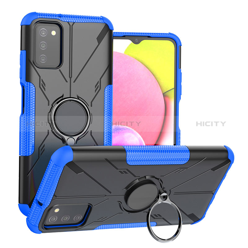 Custodia Silicone e Plastica Opaca Cover con Magnetico Anello Supporto JX3 per Samsung Galaxy A02s Blu