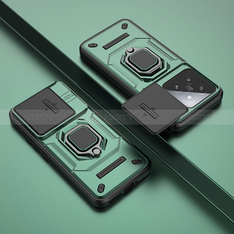 Custodia Silicone e Plastica Opaca Cover con Magnetico Anello Supporto K1C per Xiaomi Mi 14 5G Verde
