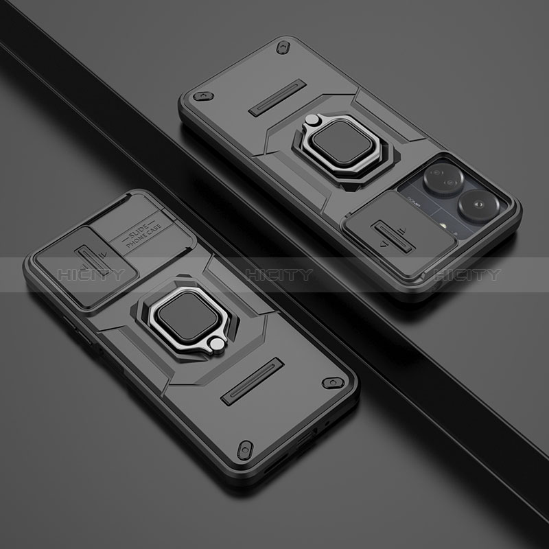 Custodia Silicone e Plastica Opaca Cover con Magnetico Anello Supporto K1C per Xiaomi Poco C65 Nero