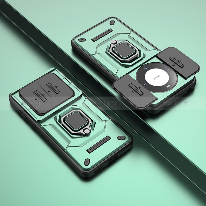 Custodia Silicone e Plastica Opaca Cover con Magnetico Anello Supporto K2C per Huawei Mate 60 Pro+ Plus Verde