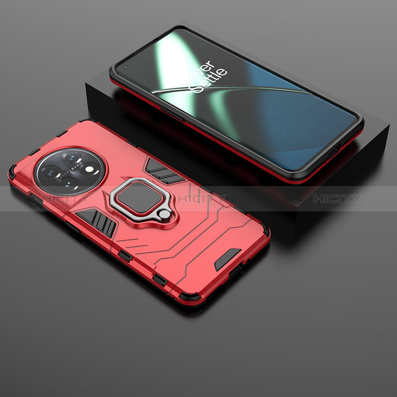 Custodia Silicone e Plastica Opaca Cover con Magnetico Anello Supporto KC1 per OnePlus 11 5G Rosso