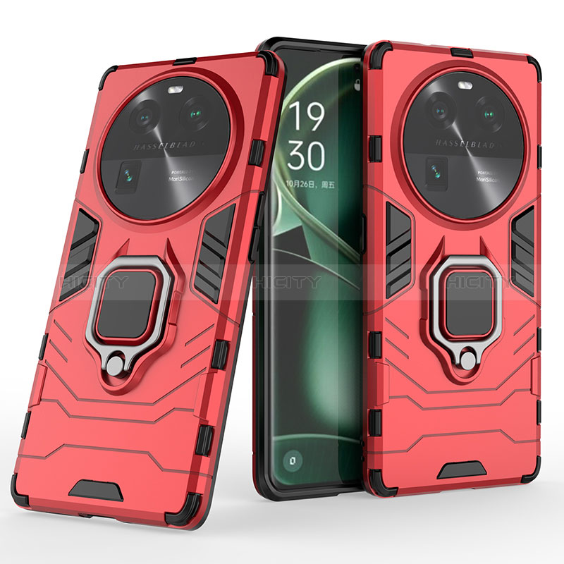 Custodia Silicone e Plastica Opaca Cover con Magnetico Anello Supporto KC1 per Oppo Find X6 Pro 5G Rosso