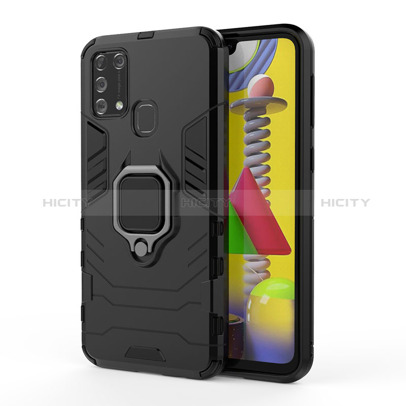 Custodia Silicone e Plastica Opaca Cover con Magnetico Anello Supporto KC2 per Samsung Galaxy M21s Nero