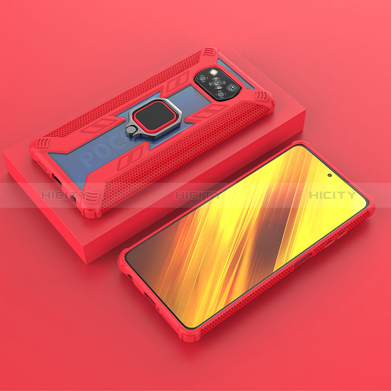 Custodia Silicone e Plastica Opaca Cover con Magnetico Anello Supporto KC3 per Xiaomi Poco X3 NFC Rosso