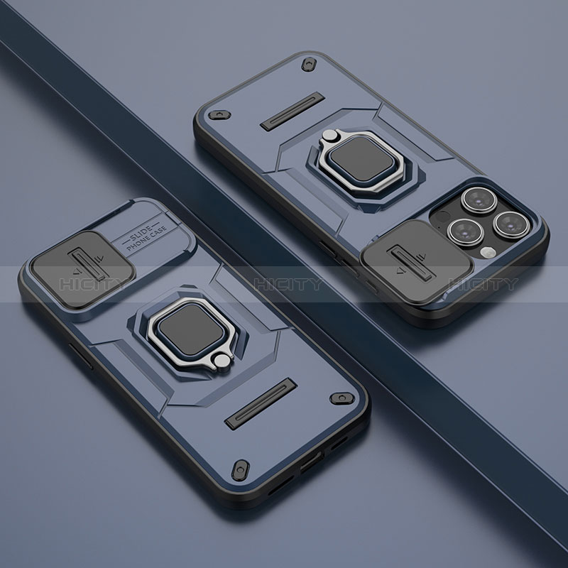 Custodia Silicone e Plastica Opaca Cover con Magnetico Anello Supporto KC4 per Apple iPhone 13 Pro Blu
