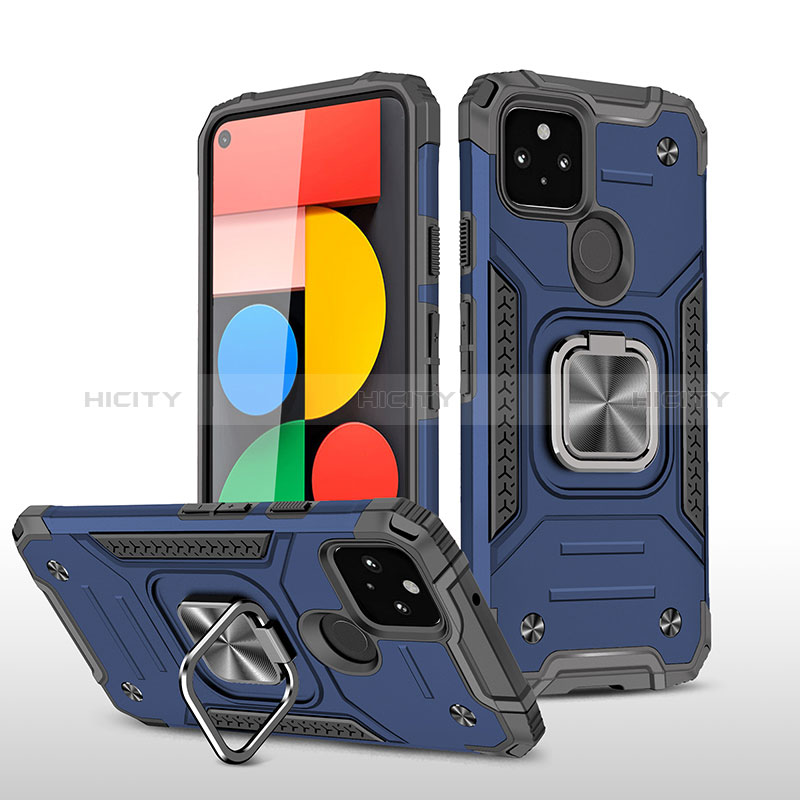 Custodia Silicone e Plastica Opaca Cover con Magnetico Anello Supporto MQ1 per Google Pixel 5 Blu
