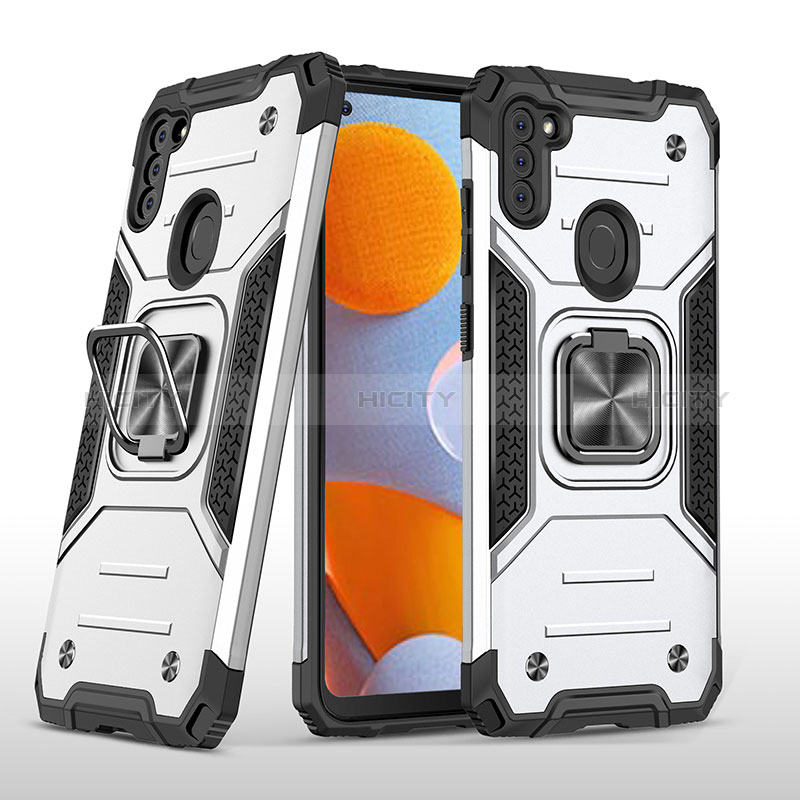 Custodia Silicone e Plastica Opaca Cover con Magnetico Anello Supporto MQ1 per Samsung Galaxy M11 Argento