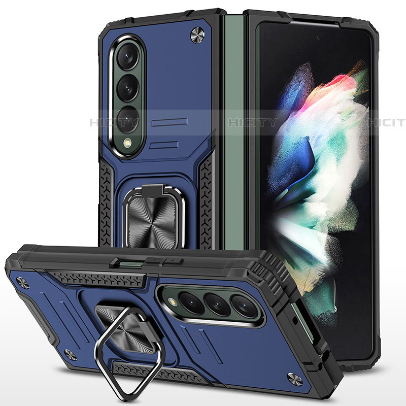 Custodia Silicone e Plastica Opaca Cover con Magnetico Anello Supporto MQ1 per Samsung Galaxy Z Fold4 5G Blu