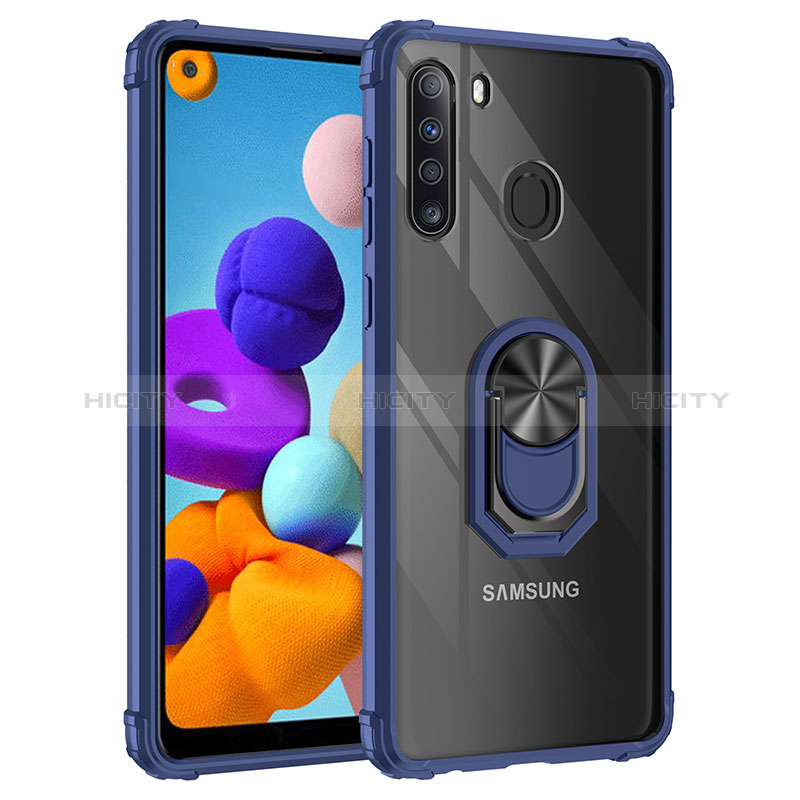 Custodia Silicone e Plastica Opaca Cover con Magnetico Anello Supporto MQ2 per Samsung Galaxy A21 Blu