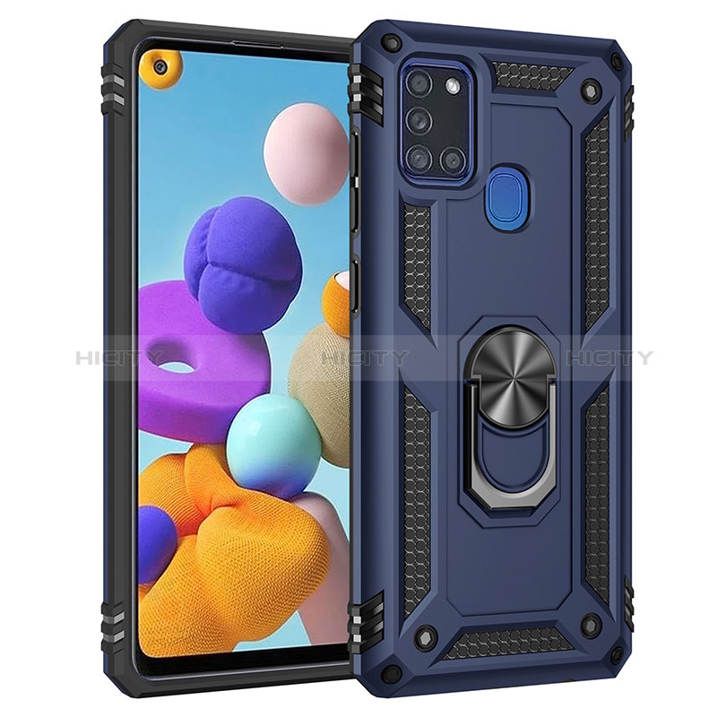 Custodia Silicone e Plastica Opaca Cover con Magnetico Anello Supporto MQ3 per Samsung Galaxy A21s Blu